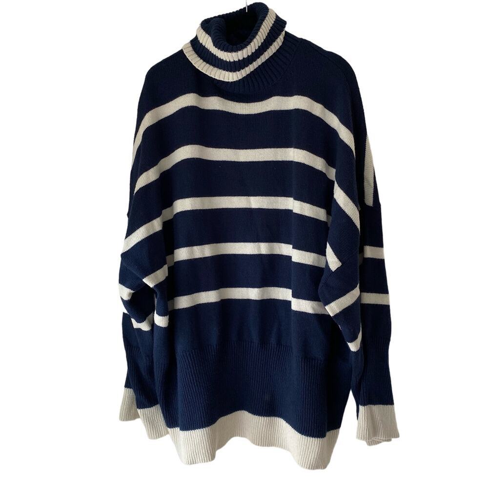 Topshop Oversized Striped Turtleneck Sweater Navy Cream Size Small